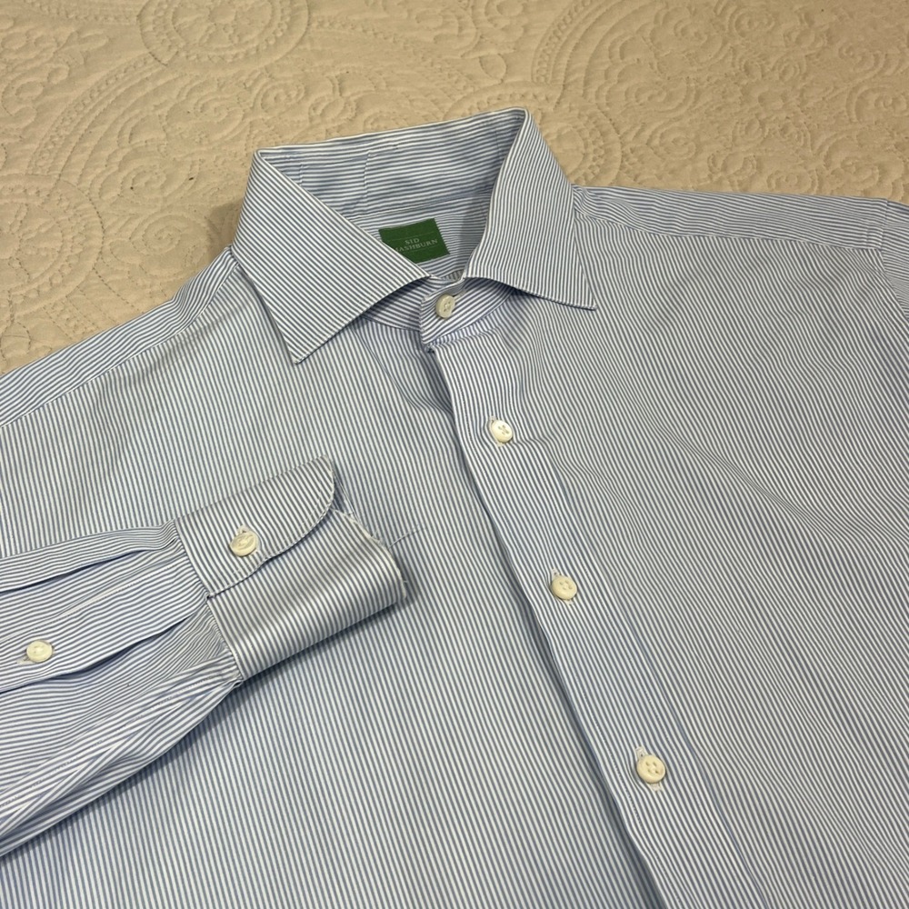 Sid Mashburn Mens Blue White Stripe Cotton Spread Collar Dress Shirt 15" *FLAW
